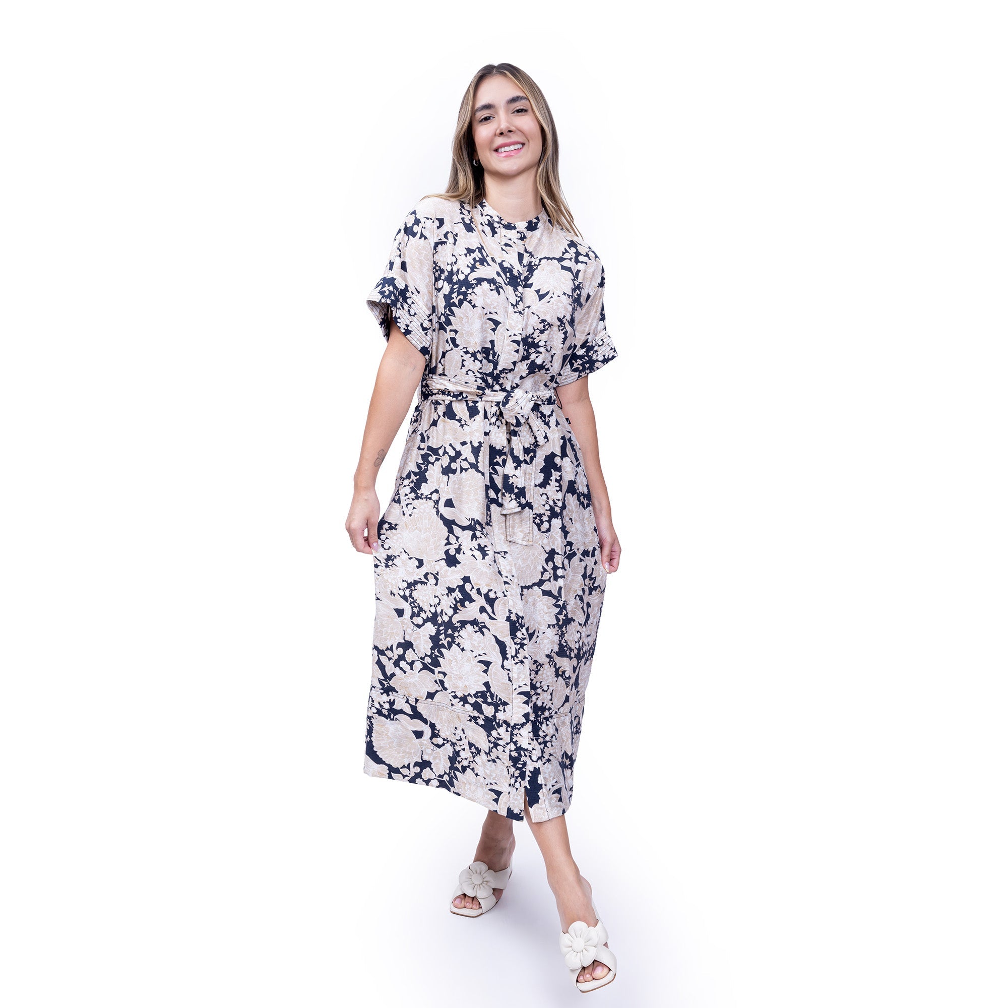 Vestido Semilargo Azul Marino Con Escote Cuadrado De Bengalina De Vesper